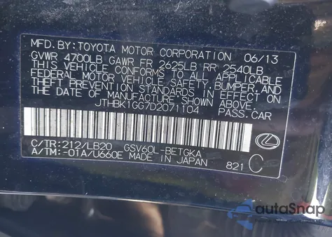 2013 Lexus Es 350 z USA, uszkodzony, nr VIN JTHBK1GG7D2071104